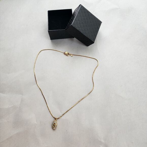 Authentic VTG Givenchy Signed Logo G Pendant Necklace Gold Crystal Rhinestone - Picture 2 of 10